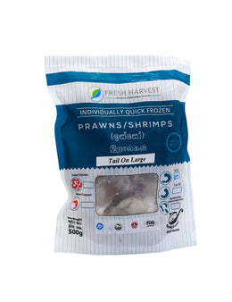 FROZEN CLEANED Tail On Prawns Large, 500g